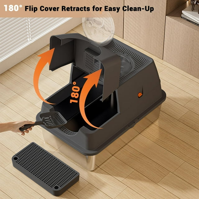 AKDSteel Stainless Steel Covered Litter Box, X Large Top Entry Metal Litter Box for Cats, Dog Proof Litter Boxes with Flip Cover, Removable Top and Litter Scooper, Easy to Clean