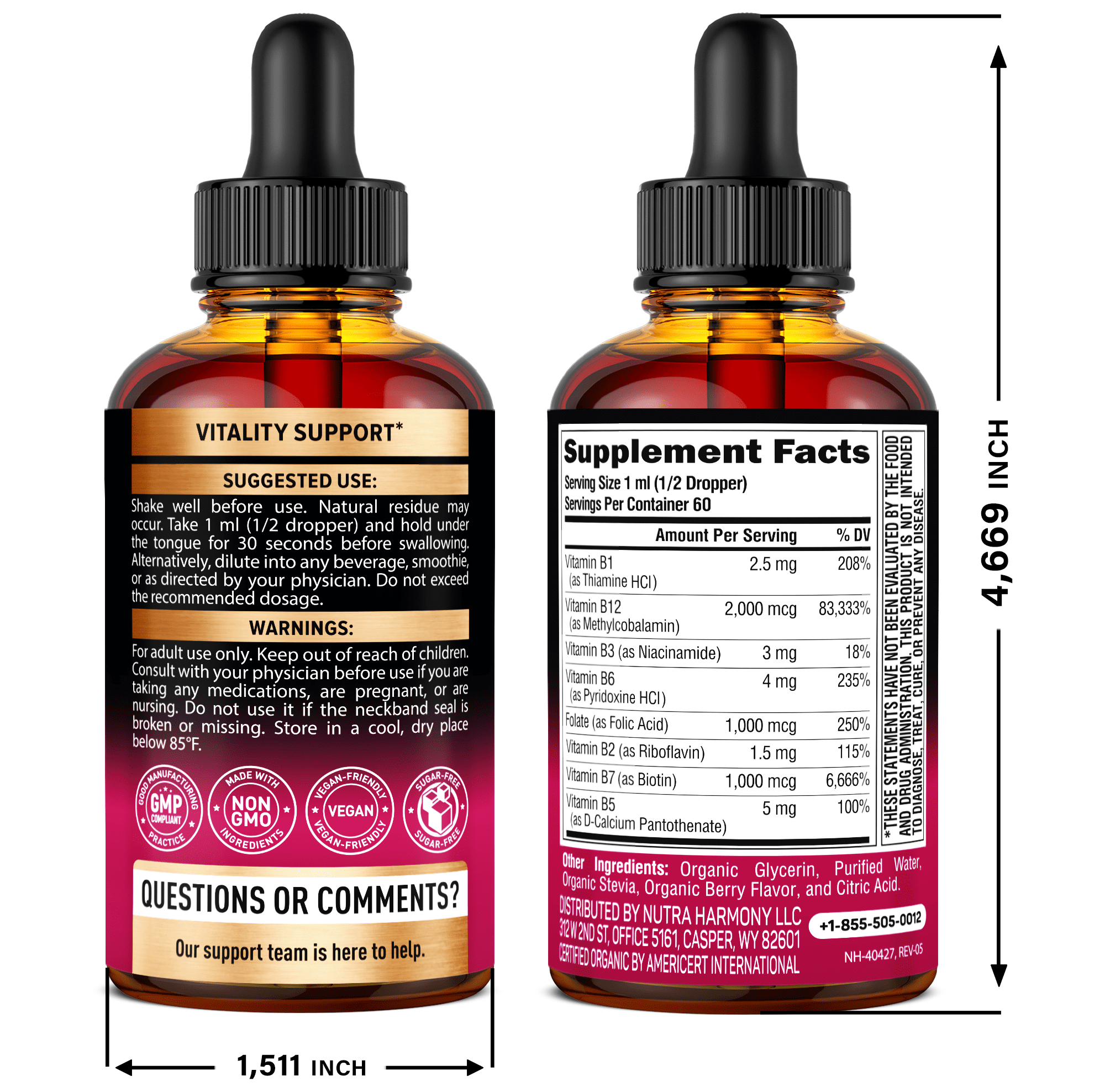 USDA Organic Vitamin B-Complex B5 Pantothenic Acid | B12 | B1 | B6 | B7 | B9 | B3 - B Complex Liquid Drops, Made in USA Supplement, 2fl oz
