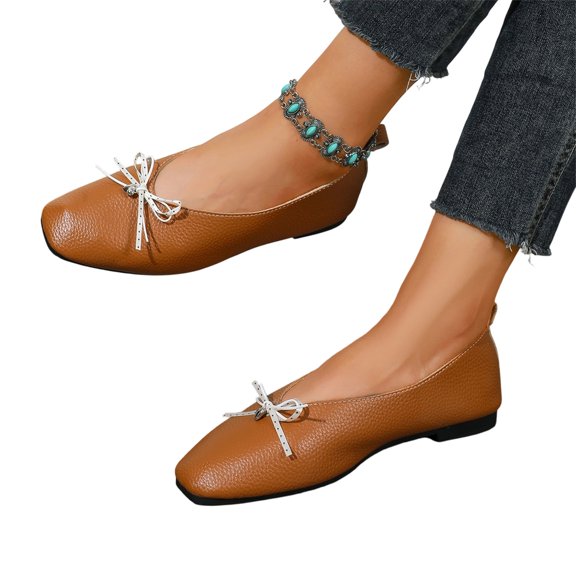 Women's Bow Accent Square Toe Flats Comfortable Low Profile Dress Shoes with Flexible Walking Sole and Easy Everyday Style Office Work Shoes Ballet Style Footwear Commuter Shoes Dress Flats