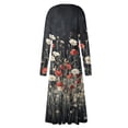 thumbnail image 4 of Women's Autumn Winter Casual Fashion V-Neck Long-sleeved Floral Print Long Dress, Navy Blue, Size S, 4 of 5