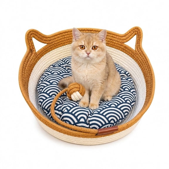 Instinct Basket for Cats, Cat Basket Bed with Cushion & Hanging Ball Toy