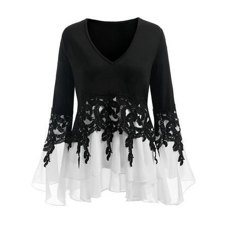 Applique Shirt - JustVH Women's V Neck Long Sleeve Fall Casual Applique Flowy Blouse Tops