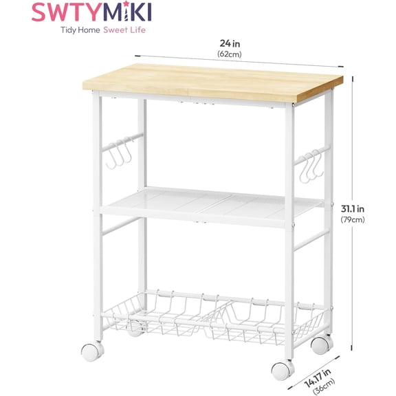 Rolling Kitchen Microwave Cart - 3 Tier Storage Stand with Hooks