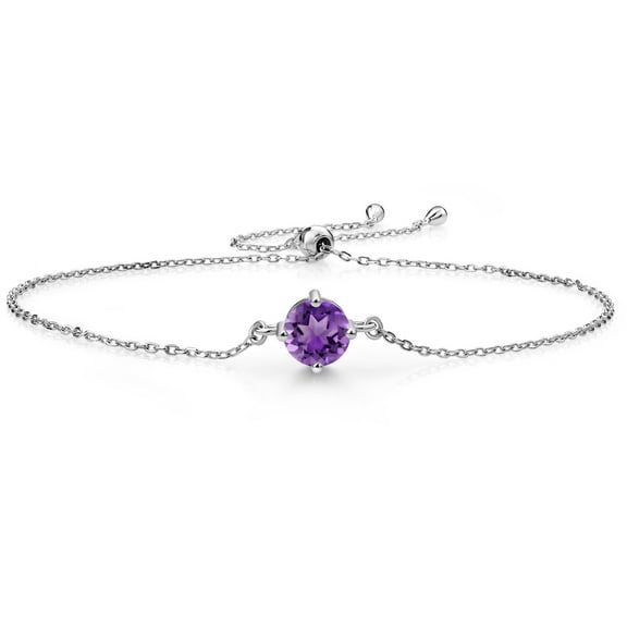 Gem Stone King 925 Sterling Silver Purple Amethyst Solitaire Bracelet for Women (1.00 Cttw, Round Cut 6MM, Gemstone Birthstone, Fully Adjustable up to 9 inch)