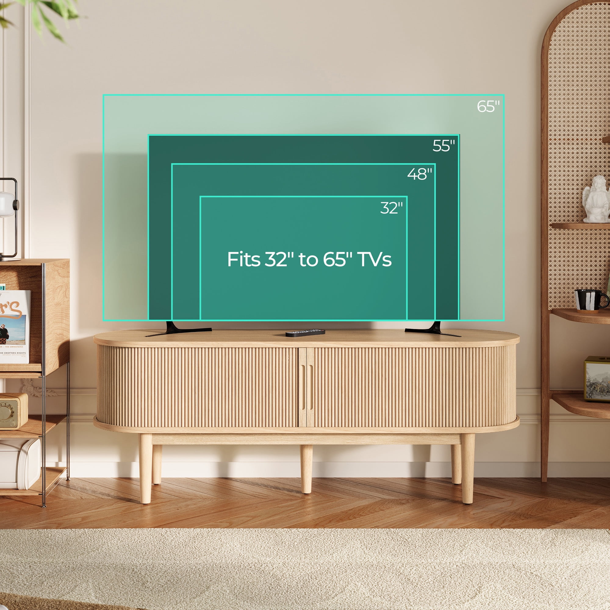 LINSY HOME Fluted TV Stand for TVs up to 65", Mid-Century Home Entertainment Center with Sliding Tambour Door and Adjustable Shelves, Oak