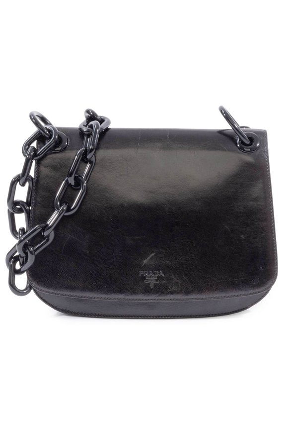 Pre-Owned Prada Madras Swing Chain Shoulder Bag B6622 in Black Leather