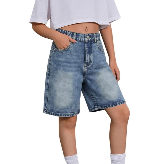 OGLCCG Girls Jean Shorts Wide Leg Cute Y2K Retro Washed Bermuda Denim Shorts for Teen Girl Trendy Baggy Streetwear Shorts 8-14 Years