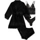 thumbnail image 1 of 4Pieces Lace-Trim Cami Lingerie-Sleepwear with Robe Women Satin Pajama-Set Loungewear Sexy Lace-Cami Nightwear Costume Black, 1 of 4