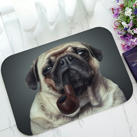 PHFZK Animal Doormat, Funny Pug Dog with a Tobacco Pipe Doormat Outdoors/Indoor Doormat Home Floor Mats Rugs Size 23.6x15.7