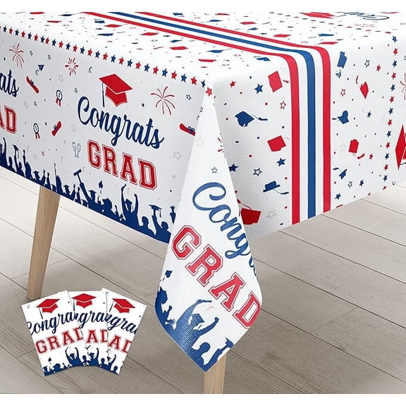 Graduation Tablecloths Red and Blue - 3 Pack Congrats Grad Tablecloth Plastic 51"x108" Congrats Grad Party Tablecover Decorations for Class of 2026 Party Supplies