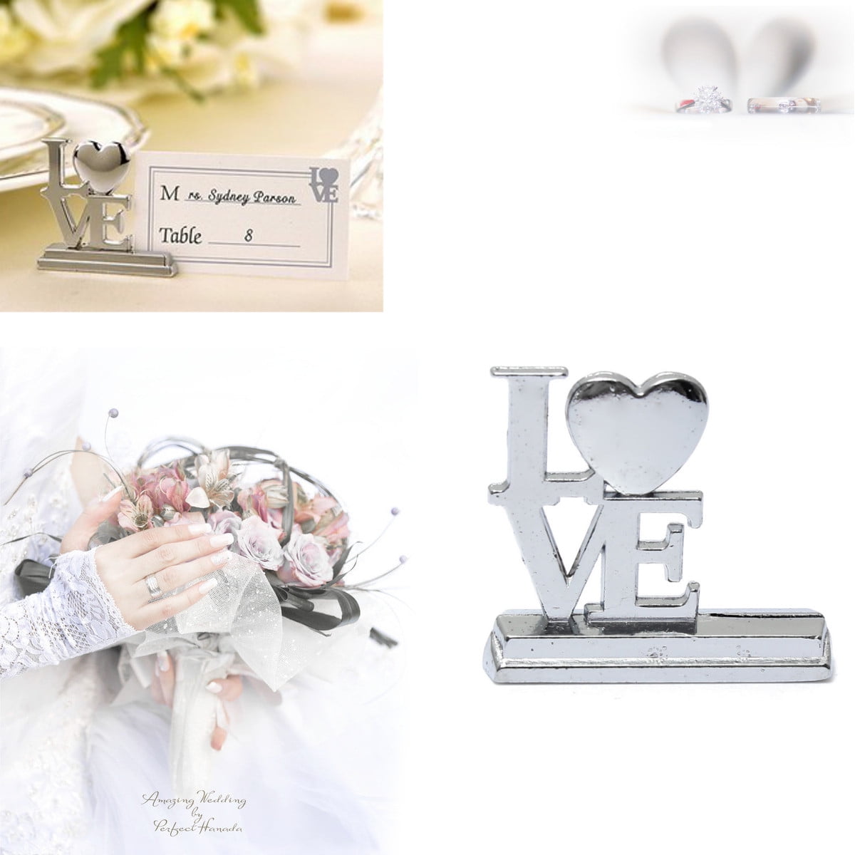 Silver Metal LOVE Heart Photo Name Number Place Card Holder Wedding