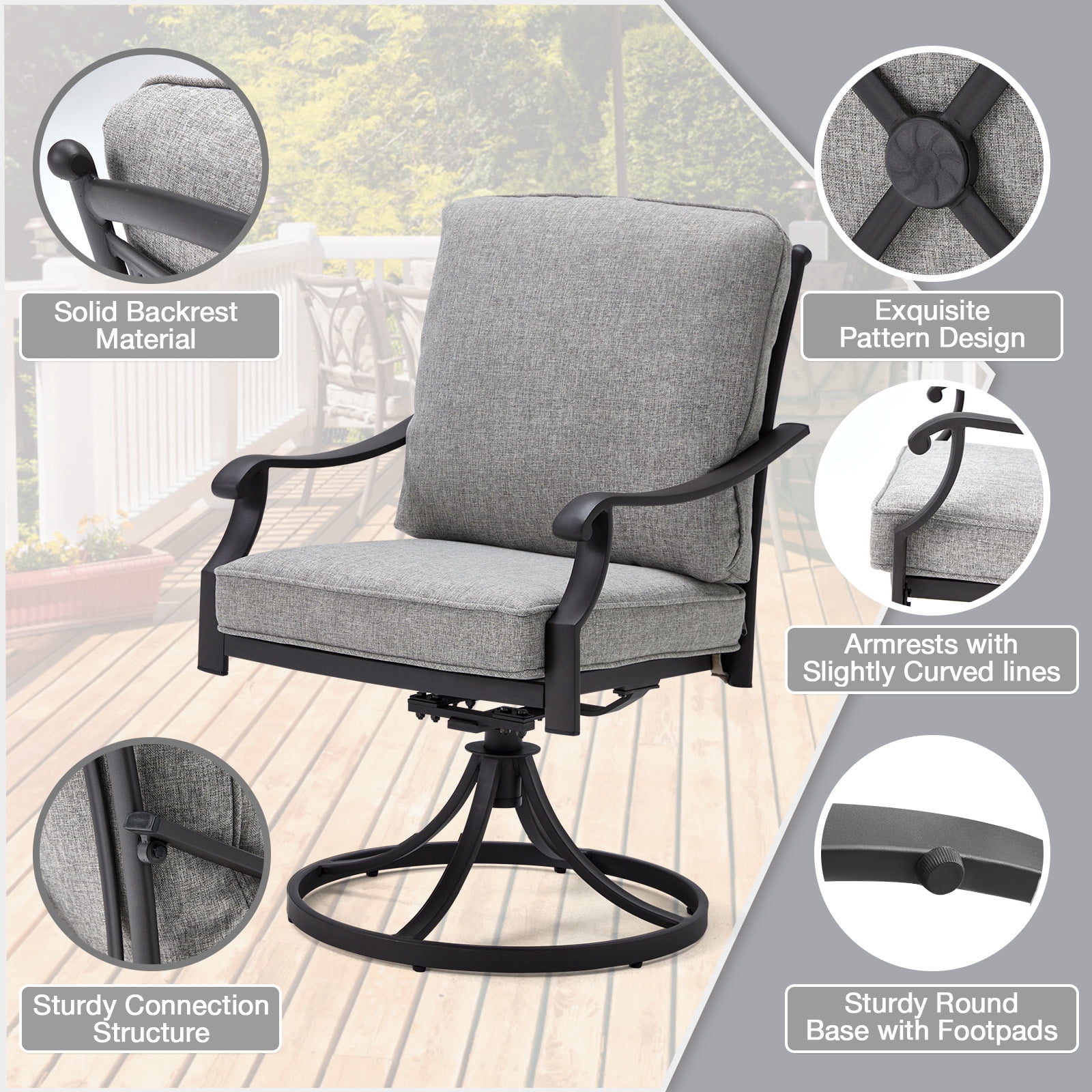 MELLCOM Patio Swivel Chair Set of 2, Heavy Duty Outdoor Dining Chairs with Thickened Cushions, Metal Patio Chairs Gentle Rocker for Outside, Garden Lawn & Porch, Backyard, Grey