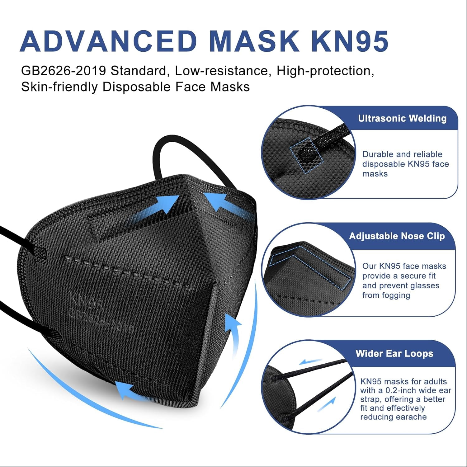 KN95 Face Masks Black Adults - 100 Pack Disposable Masks Comfortable 5-Layer Safety Face Masks & 5 Adjustable Masks Extender Masks Large Size