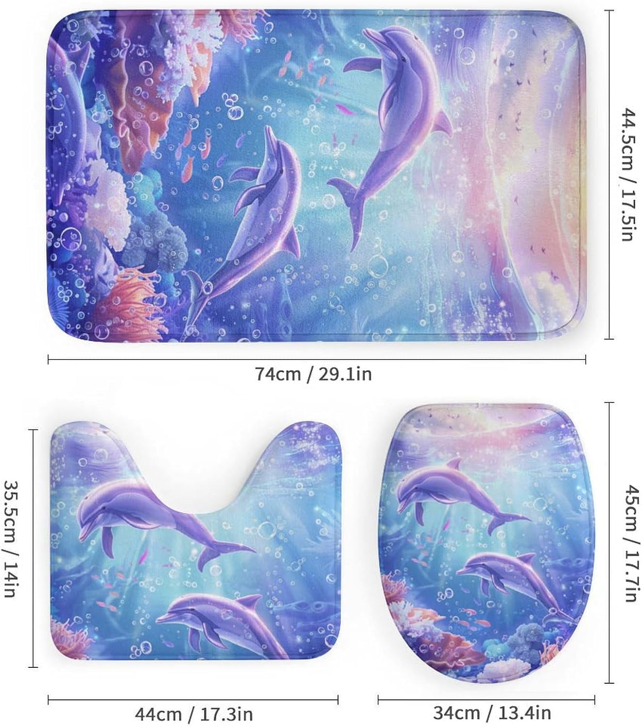 Ocean Corals Dolphins 4 Pcs Bathroom Shower Curtain Set,Bathroom Sets with Rugs (Bath Mat,U Shape and Toilet Lid Cover Mat), Bathroom Decor Set