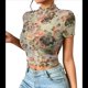 thumbnail image 2 of Top Corto de con Estampado para Mujer, Corta, Cuello Alto, Ajustado, con Ribete en Forma de Lechuga, Transparente, para Salir Color Matcha L, 2 of 9