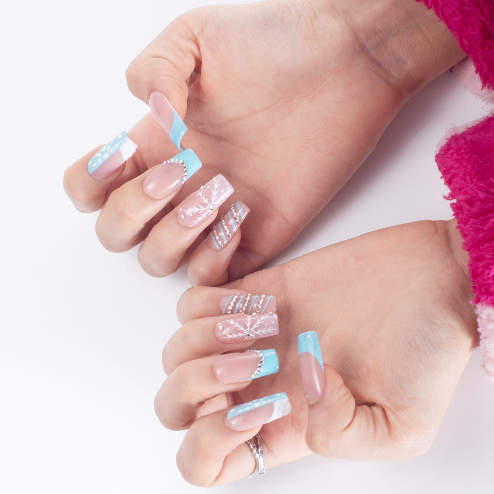Wollet Icy Blue Snowfall Square Press-On Nails, Handcrafted Acrylic,10PCS Reusable