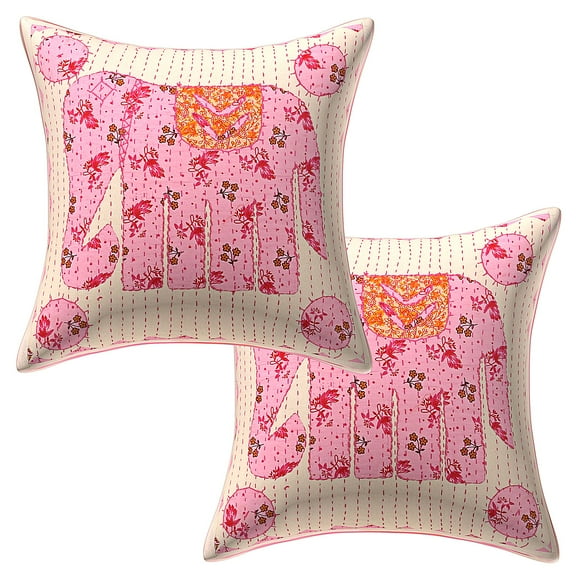Stylo Culture Indian Chair Seat Throw Pillow Covers 16x16 Applique Patchwork Kantha Baby Pink Beige Bohemian 40 x 40 cm Bedroom Cotton Elephant Square Cushion Covers | Set Of 2