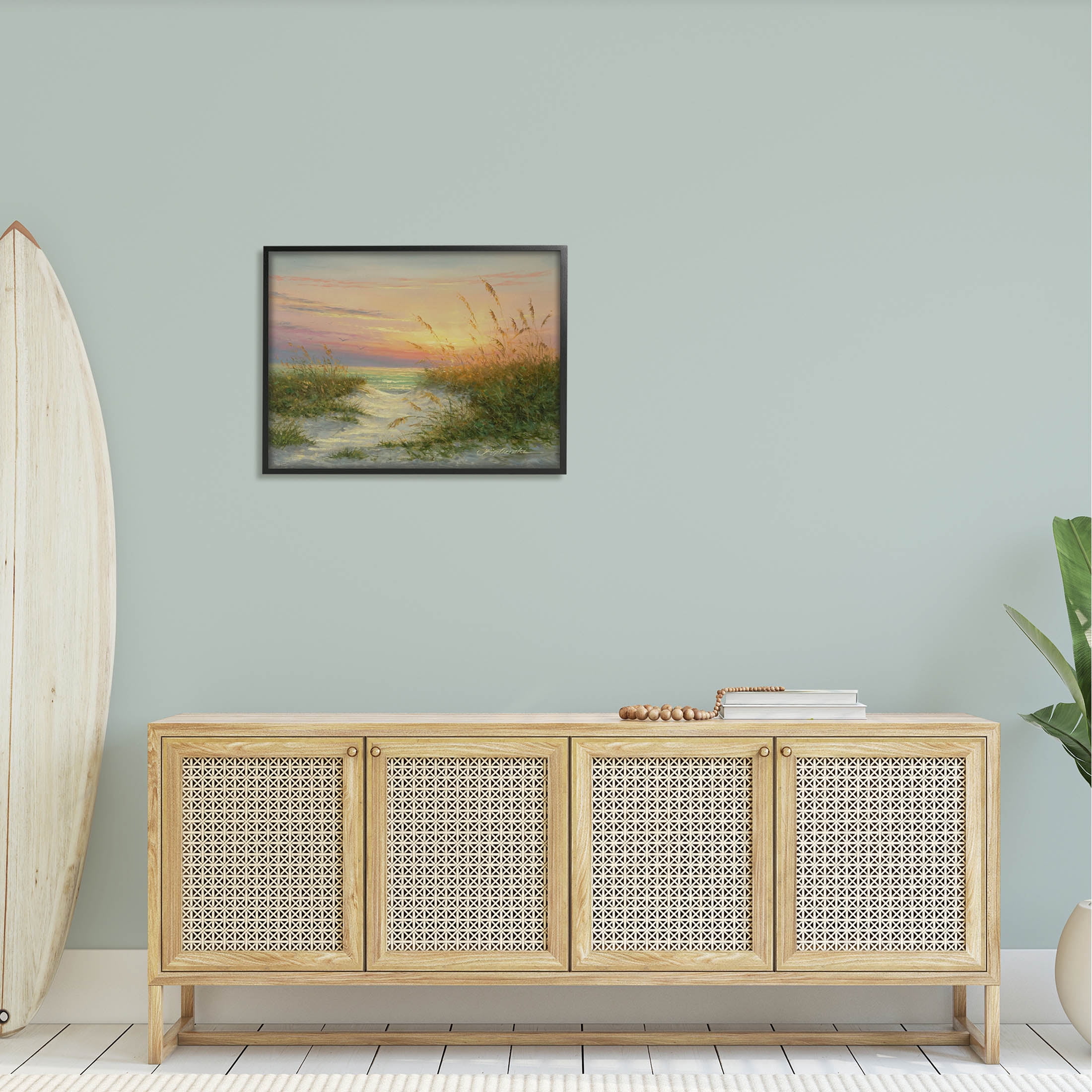 Sunset Beach Path Reeds Coastal Painting Black Framed Art Print Wall Art