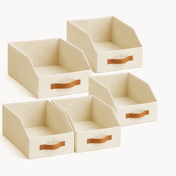 Fabric Storage Bins for Organizing - 6 Pack Large Trapezoid Collapsible Storage Bins with Front Handle, Closet Organizers and Storage for Bedroom, Home Shelves, Small Spaces, Beige