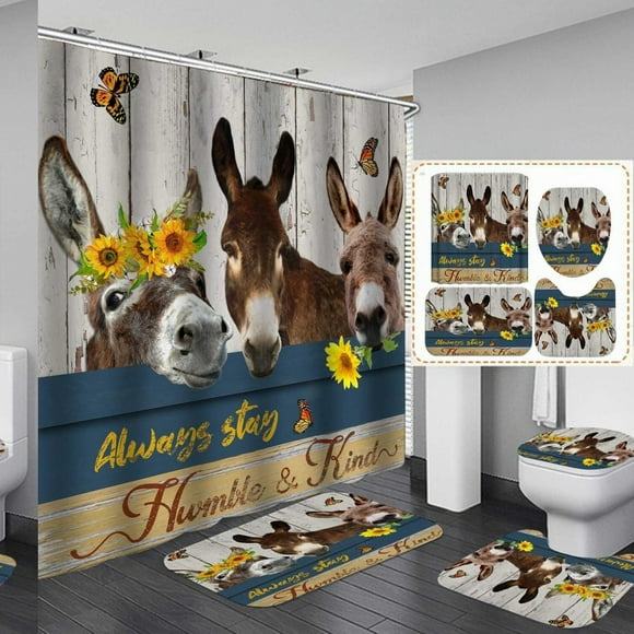 Farmhouse Bliss Shower Set: Donkey, Sunflower & Butterfly Decor with Non-Slip Bath Mat - Stay Humble & Kind
