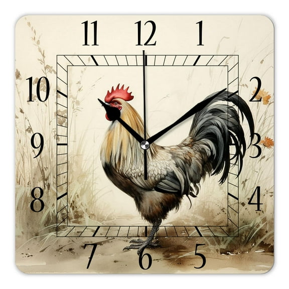 14 Inch Wall Clock Battery Operated Square Clock Decorative for Office, Kitchen, Outdoor, Living Room,Chinese Rooster Oil Painting Watercolor Print
