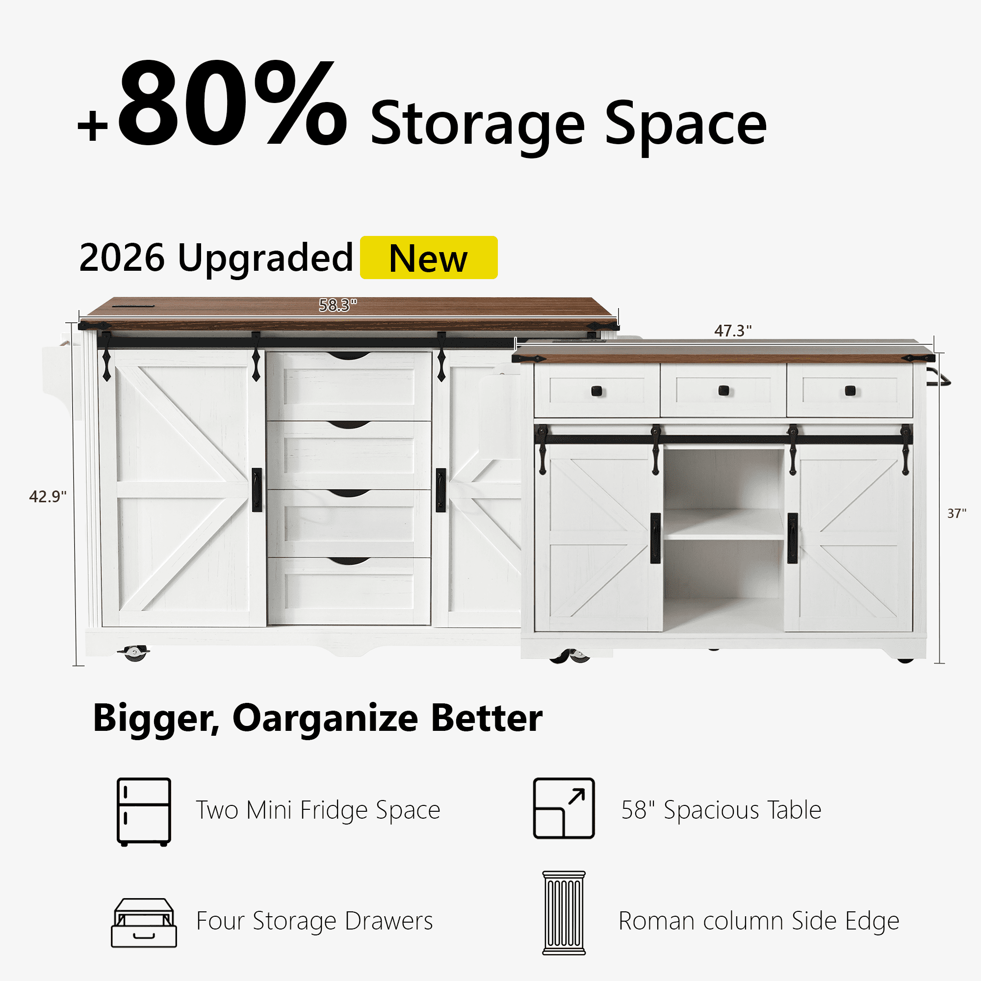 Mintazer 72" Farmhouse Rolling Kitchen Island with 2 Mini Fridge Space & Drop Leaf Countertop and Power Outlet, Bar Storage Cabinet with 4 Drawers & Barn Doors for Kitchen Dining Room, White & Walnut