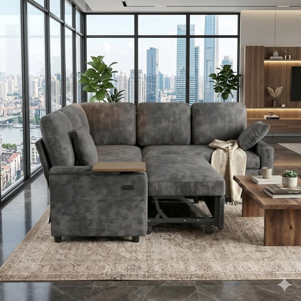 EPOWP 81" Modular Sectional Sleeper Sofa, L Shaped 5-Seater Couch with Pull Out Bed, Large Storage Chaise, USB Charging Ports & Cup Holders, Chenille Sofa Bed for Living Room, Grey