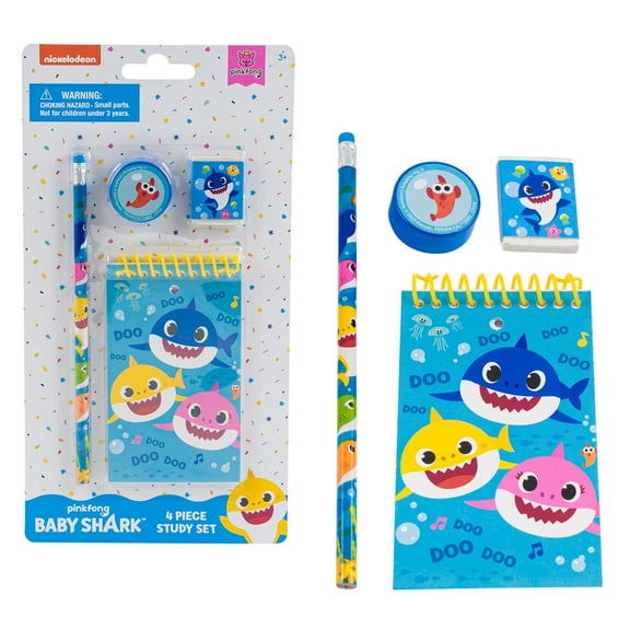 Baby Shark 4pc Study Kit- Eraser, Sharpener, 25 sheet memo pad, No.2 lead real wood