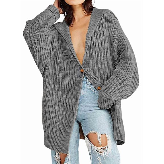 Women Oversized Chunky Knit Open Front Cardigan Sweater Button Up Rib Knitted Sweater Jacket Fall Grey XL