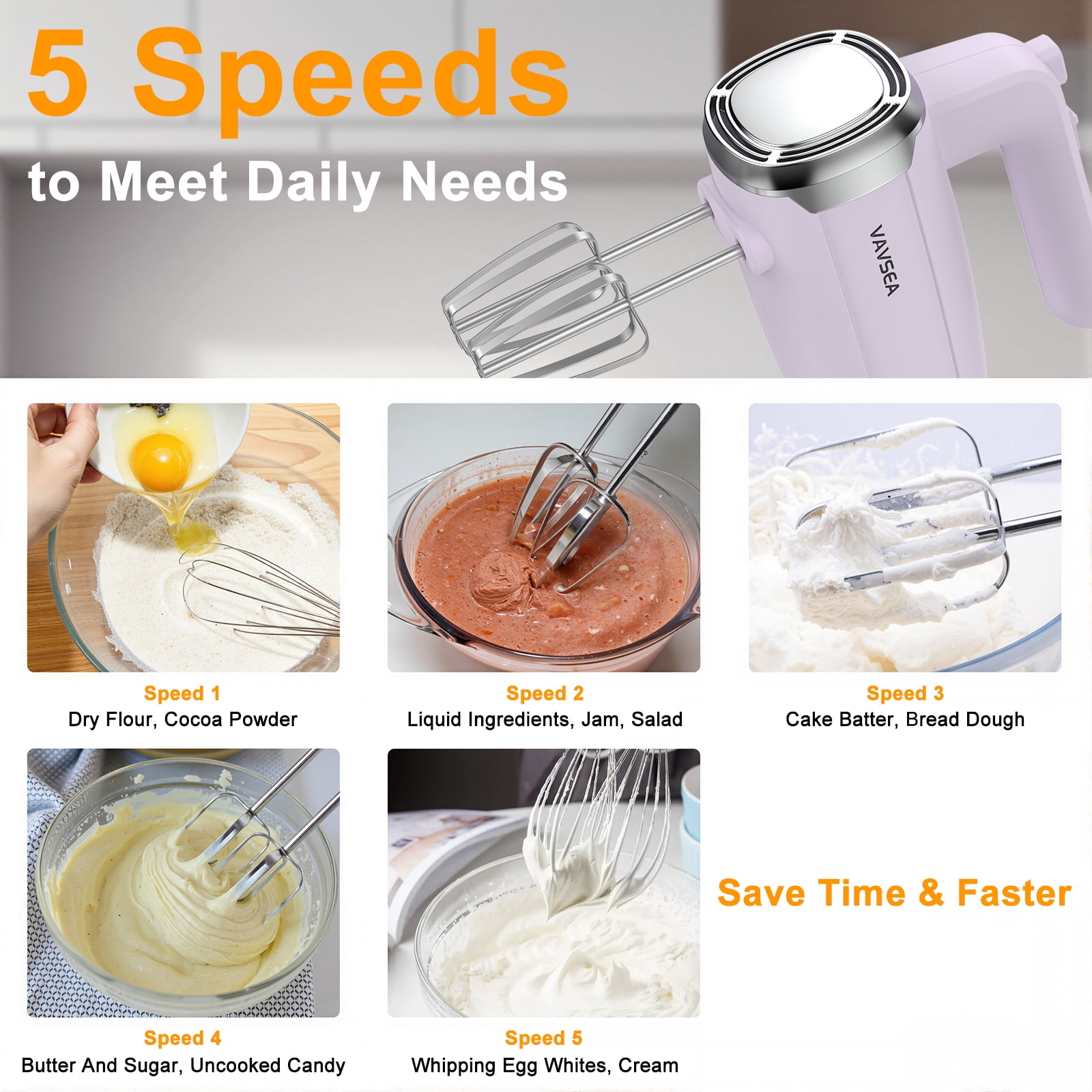 VAVSEA Electric Hand Mixer with 32 Attachments, Includes 2 Whisk, 2 Dough Hooks, 2 Beater, Cake Decorating, 500W Handheld Mixer for kitchen, Baking, Blending, Purple