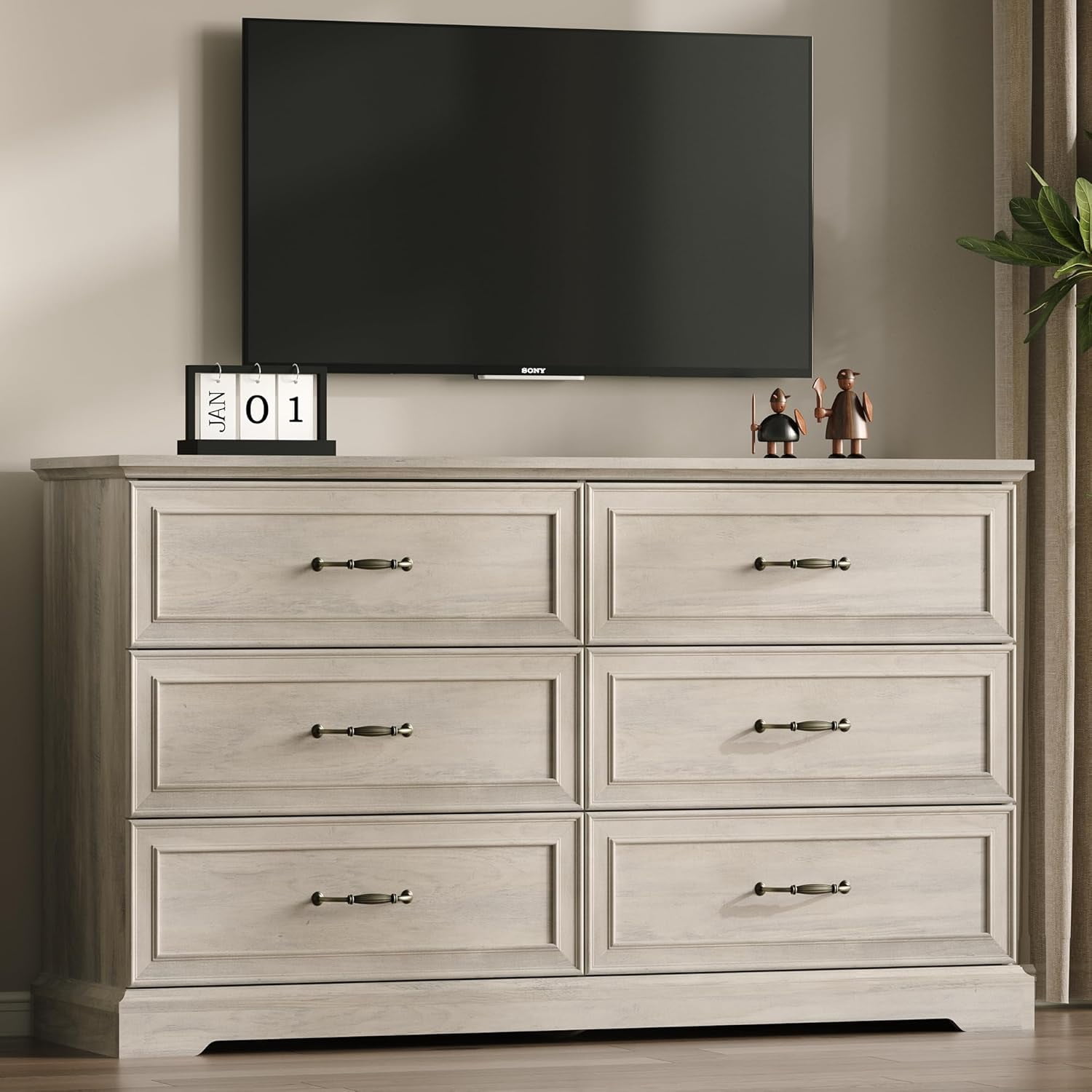 FANRAL 6 Drawers Dresser for Bedroom,Wood Rustic Storage Cabinet Chest of Drawers,Farmhouse Large Drawers with Metal Handles,Light Gray Dresser(Plus)