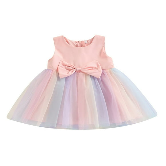 AMERTEER Toddler Kids Girls Princess Dress Sleeveless Bowknot Rainbow Color Tulle Tutu Dress Summer Party Pageant Dress Pink 18-24 Months