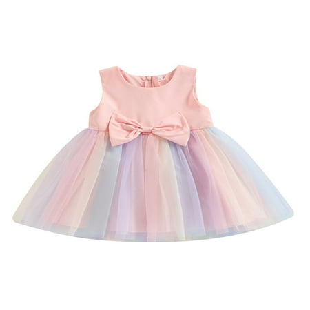 

FNNMNNR Toddler Baby Girls Rainbow Dresses Sleeveless Zip Up Bow Tulle Tutu Dress Princess Party Casual Outfits Pink 18-24 Months