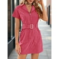 thumbnail image 2 of Women's Short Sleeve Lapel Zipper Belt Dress Corduroy Pocket Mini Dress, 2 of 6