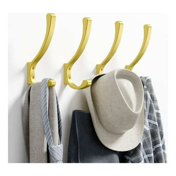 NIFFGAFF Metal Wall Hooks Screw In : 4 Packs Large Heavy Duty Mount for Hanging Coats, Backpacks, Handbags, Bags, Wall Mounted Hanger Set Includes Nails, Gold