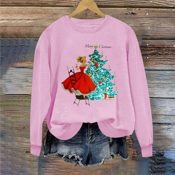 Lovskoo Novelty Christmas Sweatshirt for Women Casual Printed Long Sleeve Pullover Tops Blouse Sweatshirt Pink