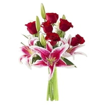 KaBloom : Bouquet of 6 Red Rose and 5 Pink Lilies with Vase, Next-Day Delivery, Gift for Occasions.
