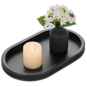 Hanobe Beaded Decorative Candle Holder Tray, Black Oval