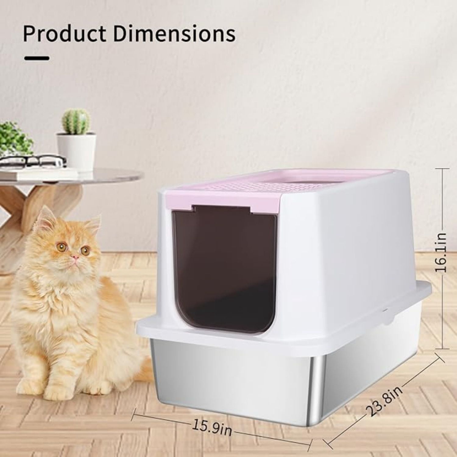 Enclosed Cat Litter Box: Extra Large Pink Litter Pan with Top Exit & Anti-Leak Design - Teflon Non-Stick Coating Stainless Steel Cleaning - Odor-Control in Garage Utility Room
