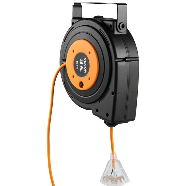 Vevor Retractable Extension Cord Reel 45 Ft Heavy Duty 12awg/3c Sjtow Power Cord With Lighted Triple Tap Outlet, 15 Amp Circuit Breaker 180° Swivel Br