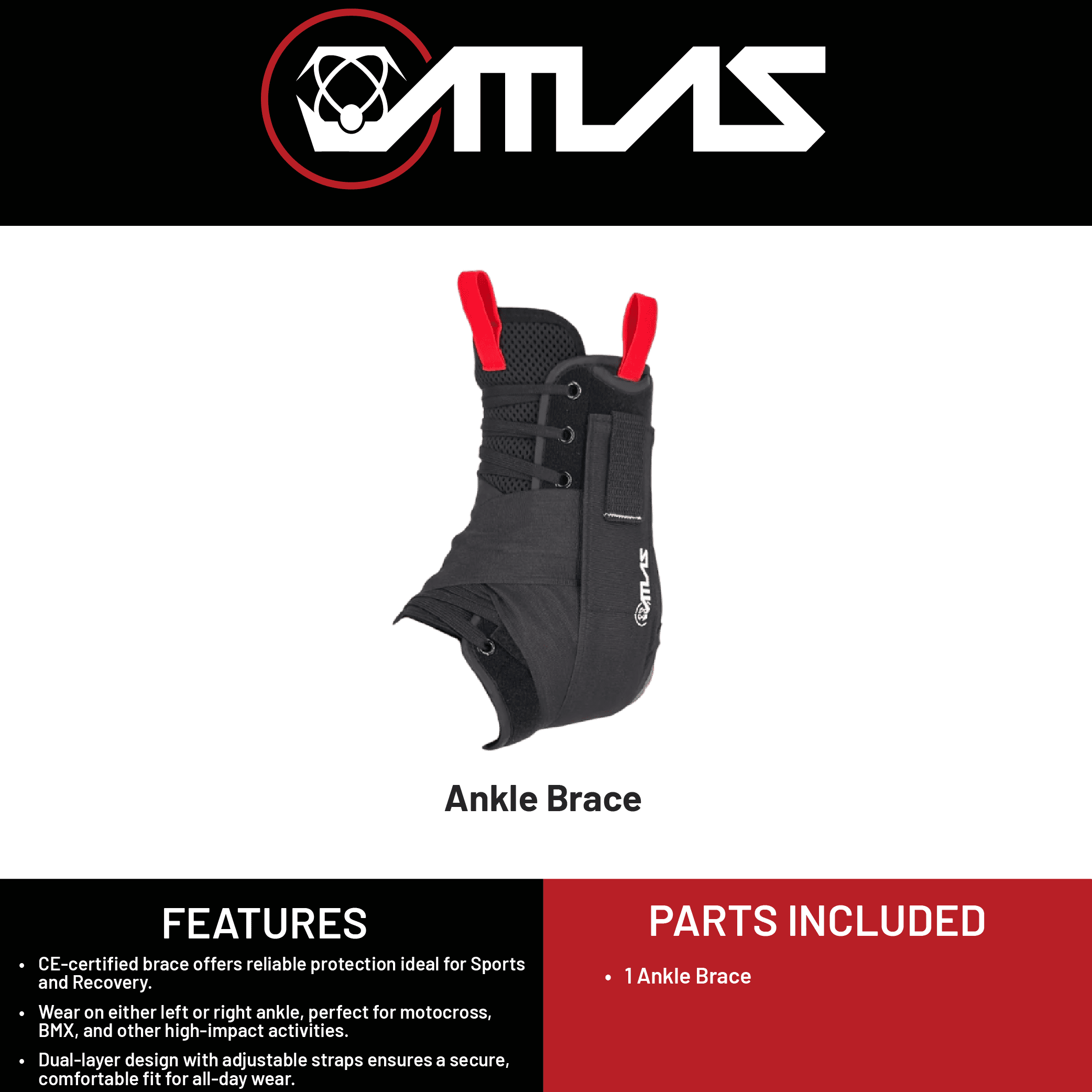 Atlas A2060-01-020 Ankle Brace Black, LG/XL, CE Certified, Reversible Design for Left or Right Ankle, Adjustable Support for Sports and Injury Recovery