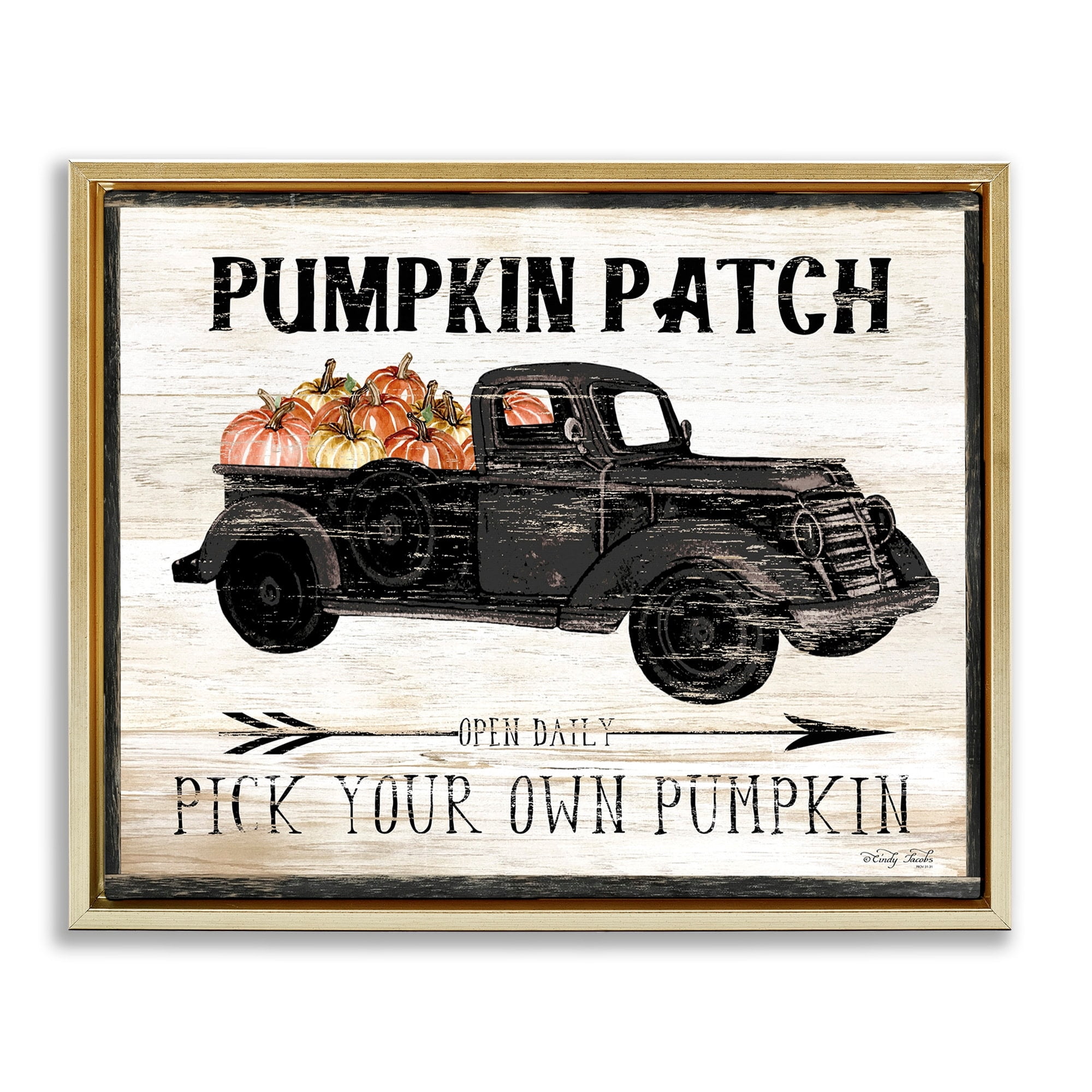 Stupell Industries Pumpkin Patch Farm Sign Fall Harvest Picking Metallic Gold Framed Floating Canvas Wall Art, 16x20, by Cindy Jacobs