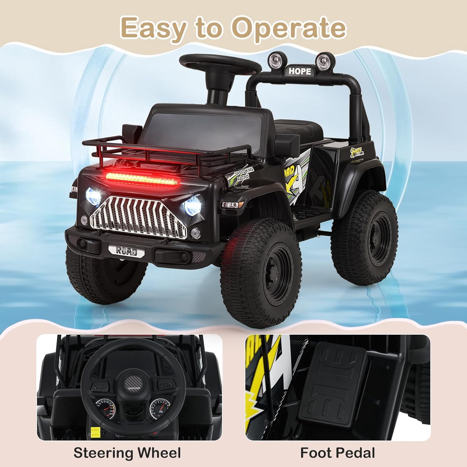 OLAKIDS Kids Ride on Car, 6V Battery Powered Electric Vehicle ATV for Toddlers with Foot Pedal, Music, Horn, Radio, Rear Storage, LED Lights, USB, 4 Wheels Toys for Boys Girls Aged 3-8 Years
