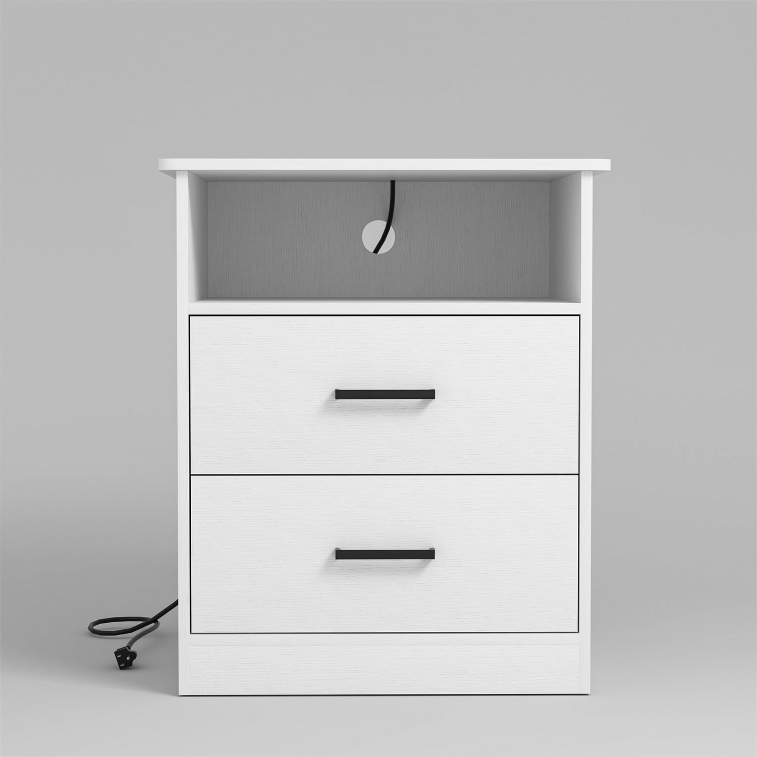 Hommoo Modern Nightstand with 2 Drawers and Open Shelf, End Side Table Bedside Table with Charging Station, White