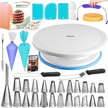 RFAQK 64 Pcs Cake decorating supplies with Cake Turntable-Cake leveler- 24 Numbered Icing Piping Tips with Pattern Chart and EBook- Straight & Angled Spatula-30 Icings Bags- 3 Icing Comb Scraper set