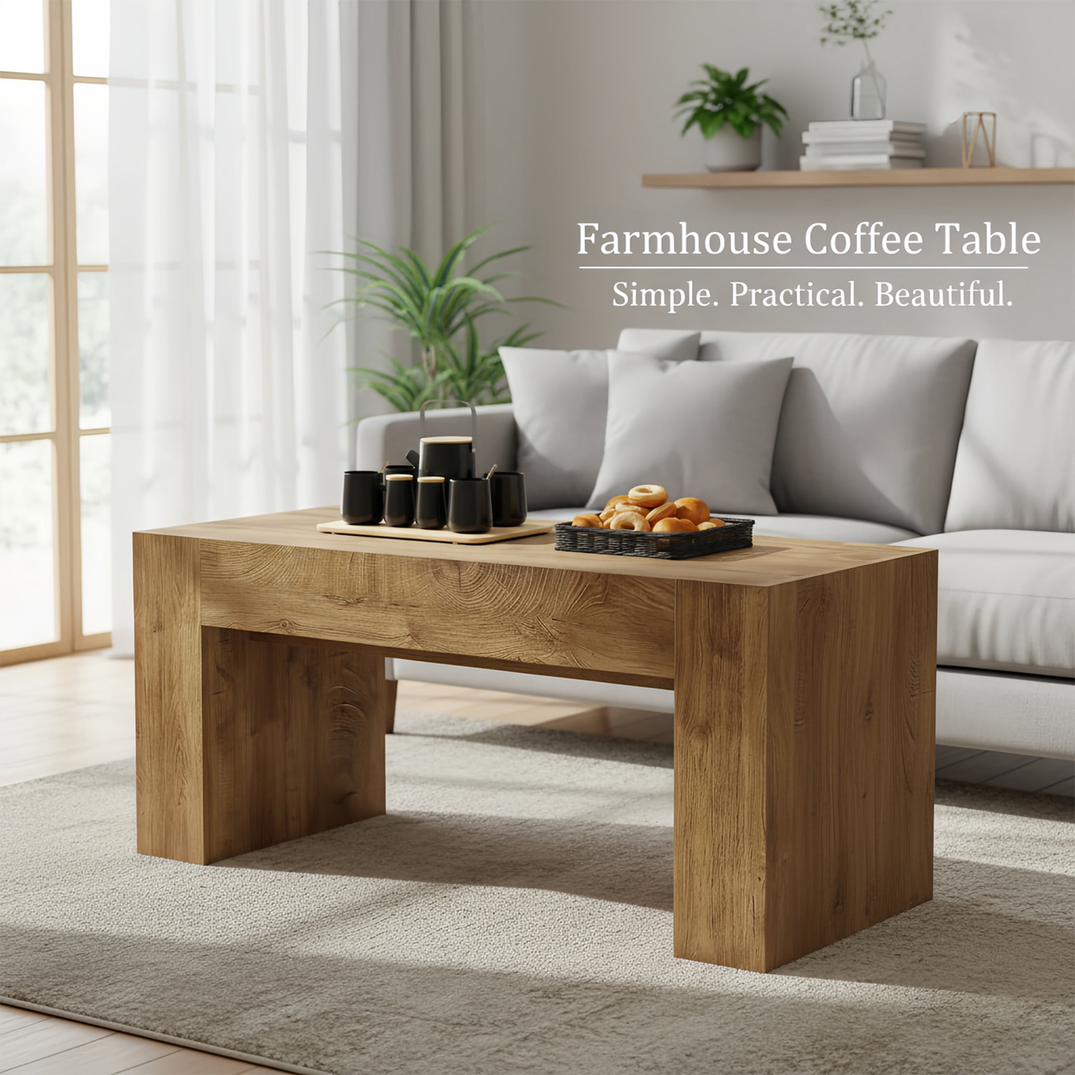 Noble House 48" Farmhouse Living Room Coffee Table, Rectangle Wooden Center Table with Hidden Storage, Natural