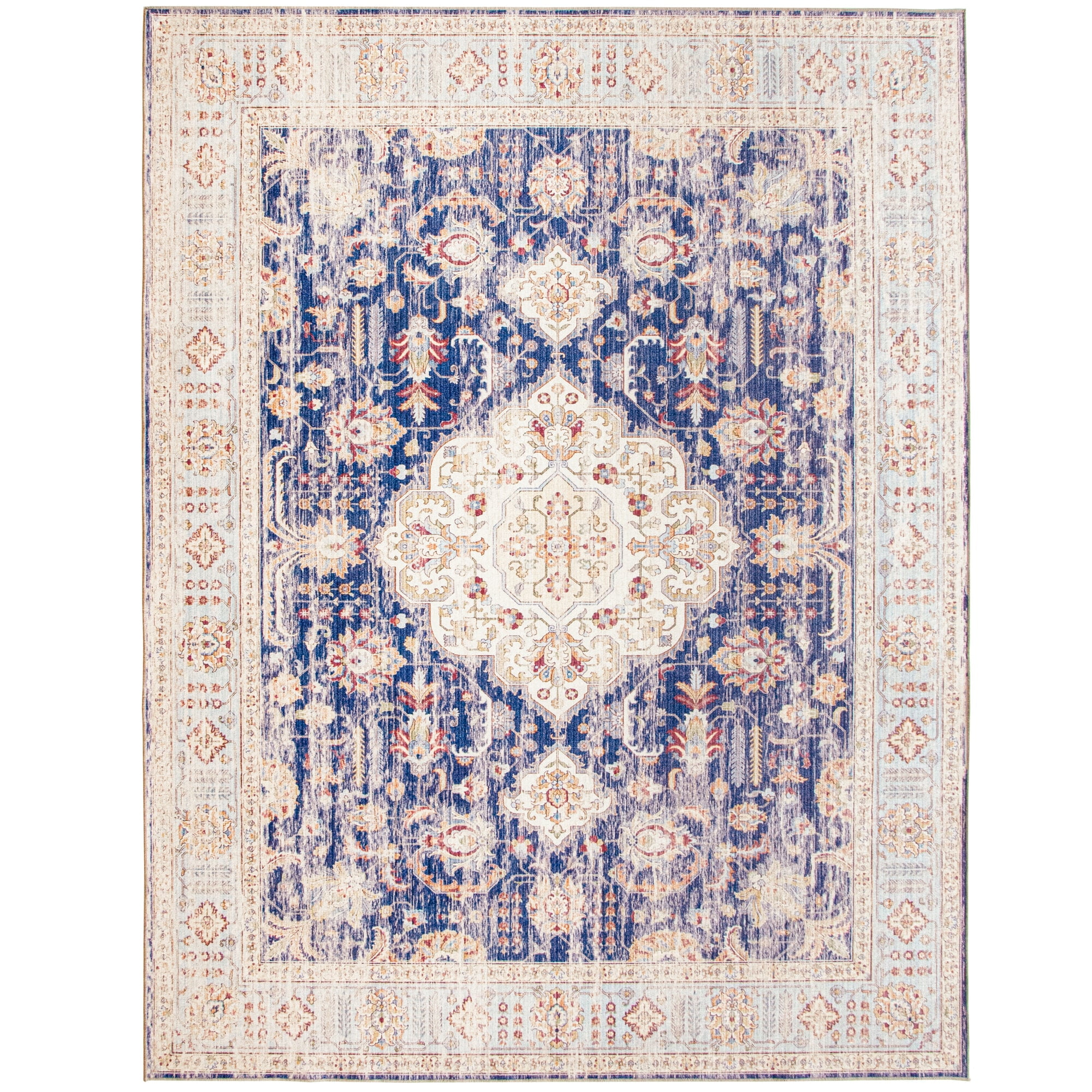 ReaLife Rugs Machine Washable Printed Persian Distressed Medallion Blue