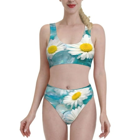 Bixox Daisy Flowers Pattern Two-Piece Sports Bikini with U-Shaped Top and High-Waist Bottom - Women s Swimwear with Removable Bra Pads