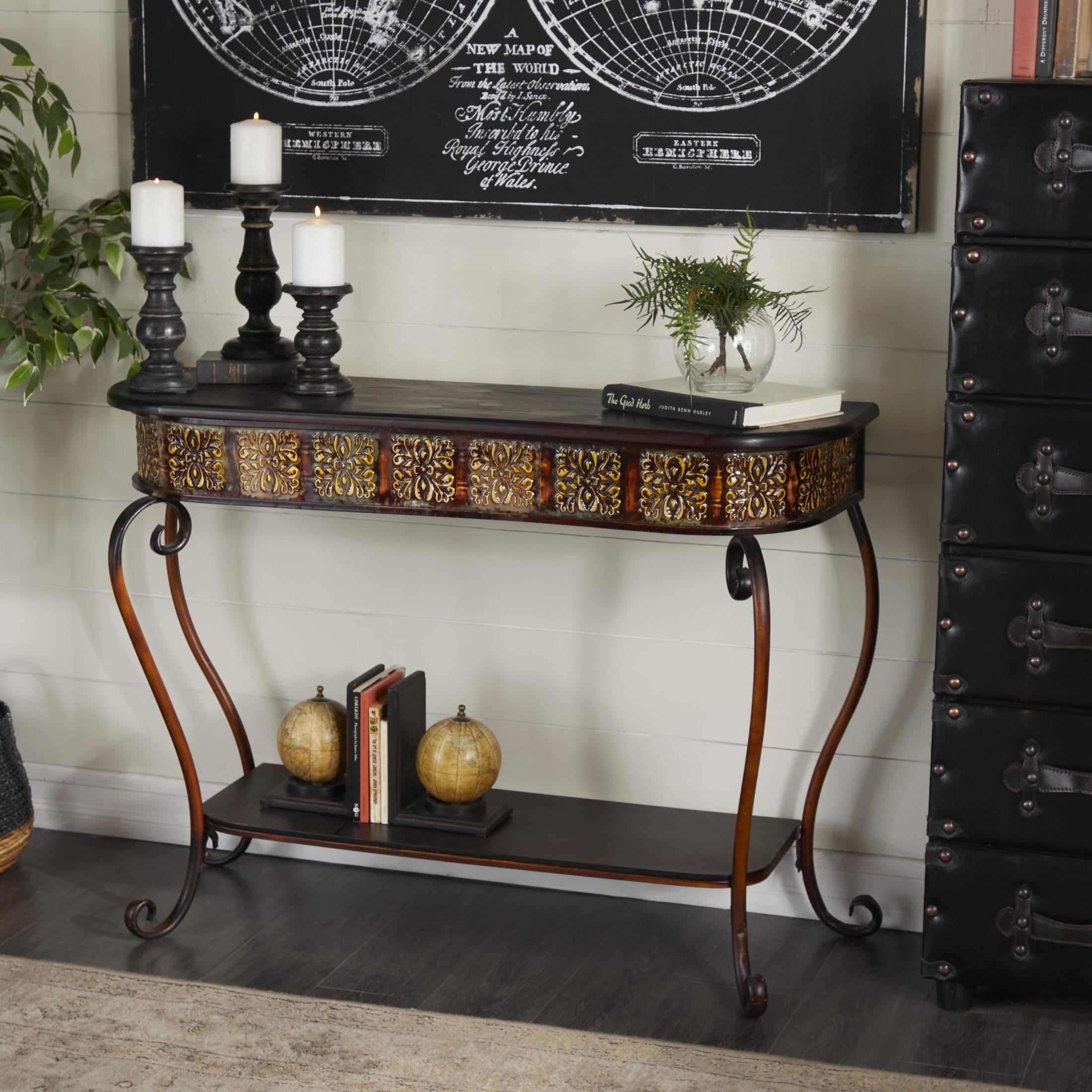 DecMode Traditional Brown Wood and Metal Console, Entryway, Hallway Table with Ornate Detailing and Round Edges, 43"W x 32"H