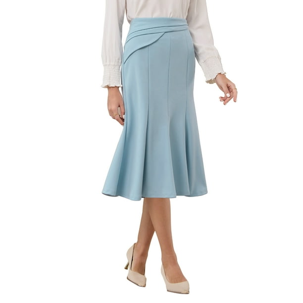 Falda de sirena midi para mujer Inspire Chic, con cintura alta elástica, faldas de cola de pez, talla XL, azul